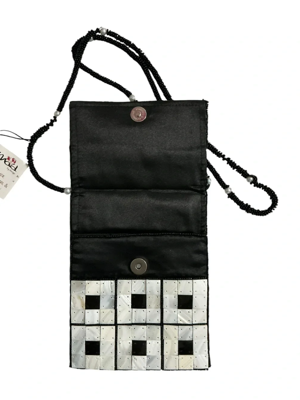 Handmade Mother of Pearl & Natural Horn Beaded Crossbody Bag Black White